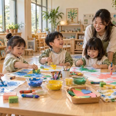 活動開始前，孩子們圍在桌邊，期待今天的創作。