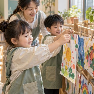 一張張畫作排在窗邊，記錄每個孩子不同的想法。