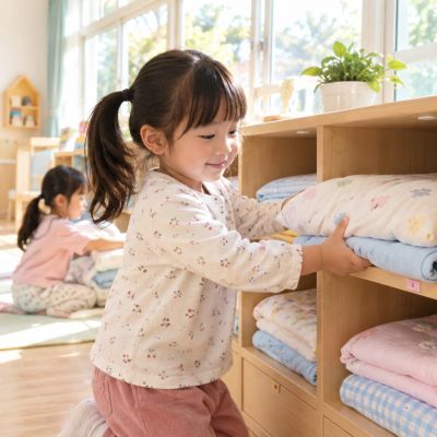 枕頭和小被子放回原位，午睡角變得整整齊齊。