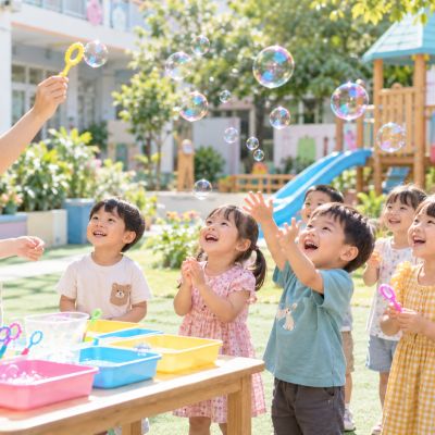 陽光灑進校園，孩子們帶著期待的心情，準備開始泡泡遊戲。