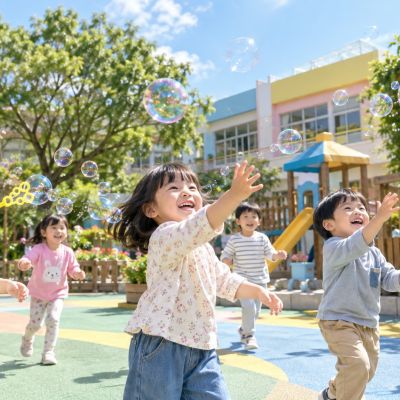 遊樂場上空飄滿泡泡，平常的校園變得像夢一樣。
