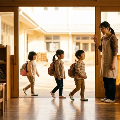 背上小書包、排好隊伍，笑著和老師朋友說明天見。