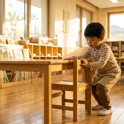 雙手輕輕把小椅子推進桌下，排得齊齊整整。