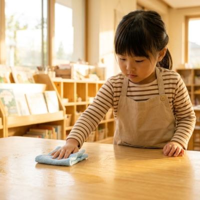 拿著專屬小抹布，仔細把桌子擦拭乾淨。