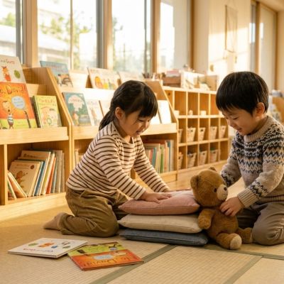 抱枕拍一拍、地墊排平整，閱讀區又變得舒服溫馨。
