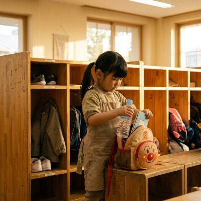 聯絡簿和小水壺收進書包，確認東西都有帶齊。