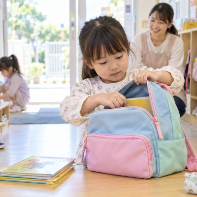 拉開書包，看看今天要放進去的東西。