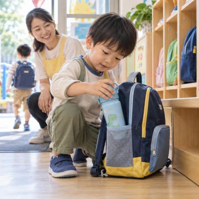 水壺放進側袋，確認拿取方便又不會掉。