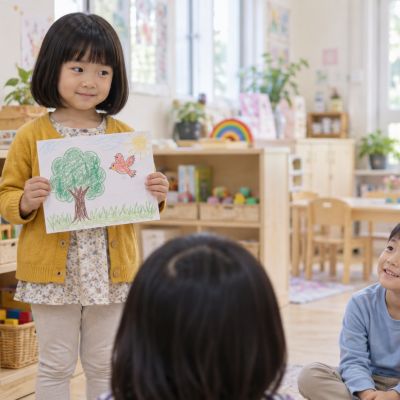 把喜歡的圖畫抱在胸前，準備和大家分享自己的小故事。