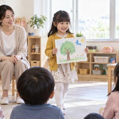 帶著自己的圖畫走到前面，跨出勇敢分享的第一步。