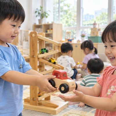 把玩具輕輕交給朋友，讓輪流從一個小動作開始。