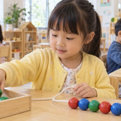 一顆接一顆，孩子試著排出自己喜歡的顏色順序。