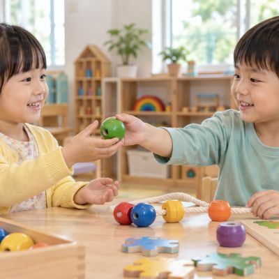 朋友把缺少的顏色遞過來，一起完成穿珠的小挑戰。
