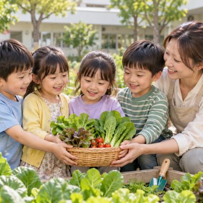 小小菜園，收成囉：孩子和老師捧著親手照顧的蔬菜，分享完成長期任務的喜悅。