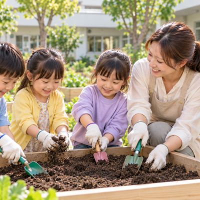 先把泥土鬆一鬆：使用安全的小工具整理土壤，為幼苗準備柔軟的新家。