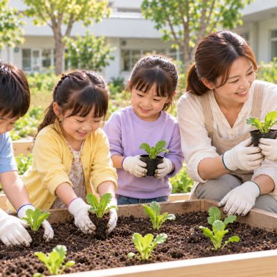 輕輕種下小幼苗：扶好嫩葉、覆上泥土，練習用溫柔的動作照顧生命。