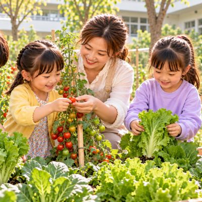 輪到我們採收了：在老師陪伴下用雙手採摘，把成熟蔬菜放進共同的籃子。