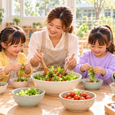 把收成變成一道料理：清洗、撕葉、分裝與拌沙拉，一起分享勞動成果。