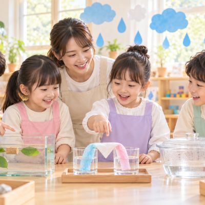 水的旅行成果小展：孩子把浮沉、毛細現象與凝結觀察整理在一起，準備分享探索成果。