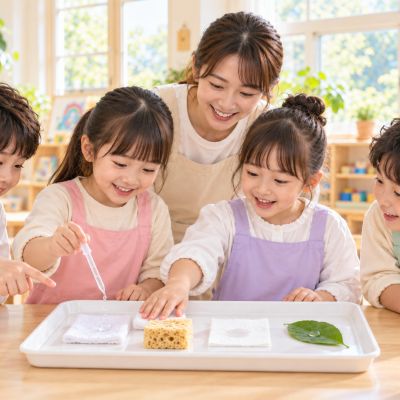 誰最會吸水呢：比較棉布、海綿、紙巾與葉片，發現不同材料的吸水能力。