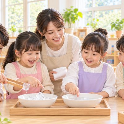 冰塊慢慢變成水：比較完整與逐漸融化的冰塊，感受固態與液態的變化。