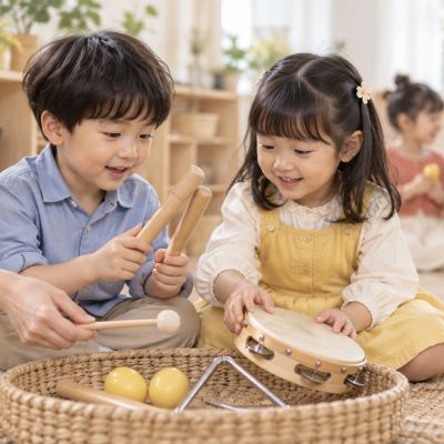 第一次摸摸樂器：從木棒、鈴鼓、沙鈴與三角鐵開始，感受不同材質的聲音。