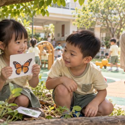 在樹蔭下尋找動物圖卡，找到線索的孩子開心和朋友分享。