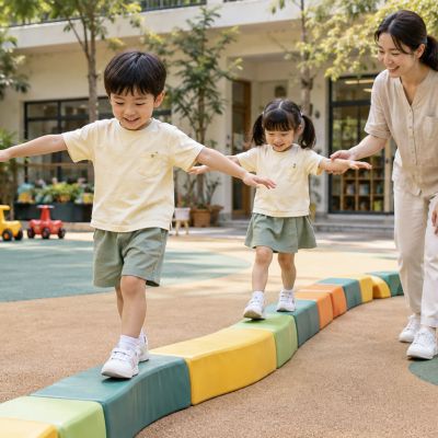 張開雙手、慢慢往前，孩子們在平衡步道上練習勇敢與專注。