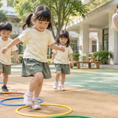 小腳踏進彩色呼拉圈，一步一步向前跳。