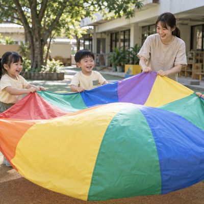 大家一起抓住彩虹遊戲布，數一、二、三，把它輕輕舉起來。
