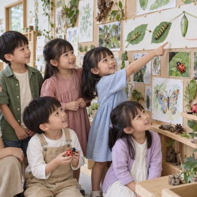 昆蟲小偵探集合：孩子和老師站在完成的成果牆前，準備分享一路蒐集的線索與作品。