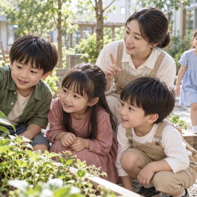 花園裡的第一個線索：在葉片上發現瓢蟲，大家蹲下來保持距離、安靜觀察。