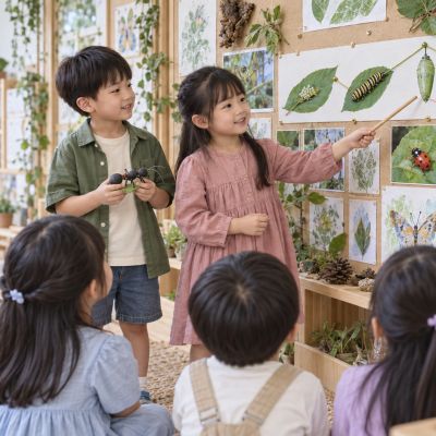 先說給同伴聽：兩位小小導覽員指著成果牆試講，其他孩子仔細聽，也準備提問。