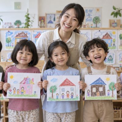我的家小展開幕：五位孩子與老師站在完成的蠟筆畫展示牆前，邀請大家看看不同模樣的家。
