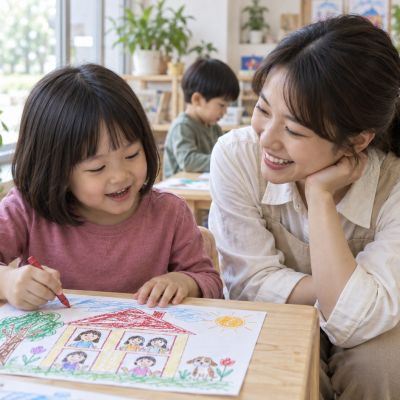 窗戶裡有誰：女孩在窗邊畫出家人和一隻寵物，老師蹲在旁邊傾聽。