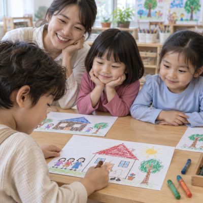 門口還能再畫一點：孩子停筆看自己的畫，決定把門口、鞋子和植物補得更清楚。