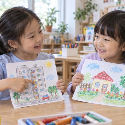 兩個家的故事：同伴把畫放在一起，指著不同的屋頂和院子互相分享。