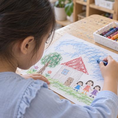 蠟筆疊出新顏色：從肩後看孩子以柔和色彩慢慢疊畫天空、牆面與樹葉。