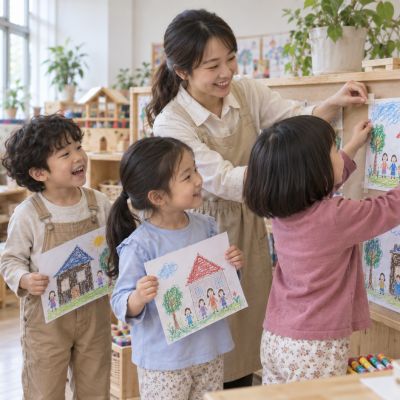 把畫排成一面牆：孩子和老師一起將不同的家庭畫作放上展示牆，調整高低與間距。