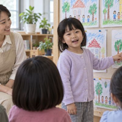 我來介紹我的畫：一位孩子向同伴指著自己的作品，說出畫中最喜歡的地方。