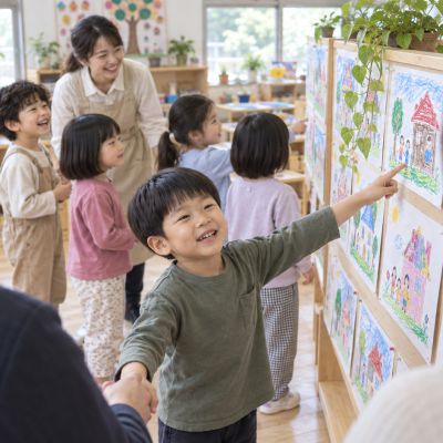 家人走進小畫展：家長從觀眾視角看展，孩子牽著家人分享自己畫的家，為故事收尾。