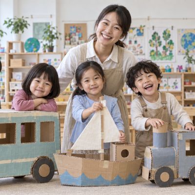 紙箱交通工具小展：孩子與老師站在完成的公車、小船和火車旁，邀請大家展開想像旅程。