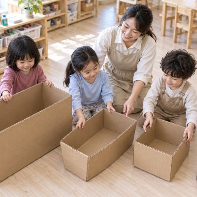 大箱小箱排一排：孩子依大小排列紙箱，試著找出車身、船身與車廂。