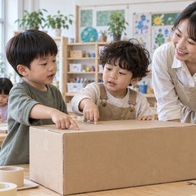 公車需要多少空間：兩位孩子比對大型紙箱，想像車窗和乘客座位的位置。