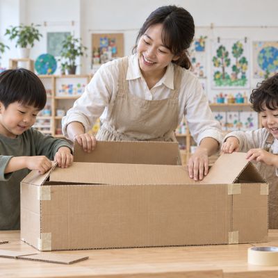 折起公車的車身：老師扶住紙板，孩子把箱邊折成穩固的公車形狀。