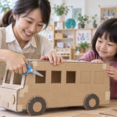 安全剪出小車窗：老師用安全剪刀協助開窗，孩子在旁觀察和扶著紙箱。