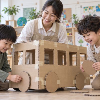 圓圓的車輪：孩子把預先剪好的紙板圓片放在車身兩側，比較位置。
