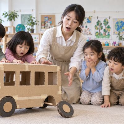 第一次試走：孩子輕推公車，發現一個車輪歪了，大家停下來查看。