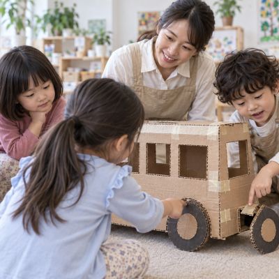 一起找出原因：孩子蹲下比較兩邊車輪，討論如何讓它們貼得更牢。