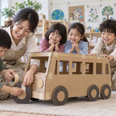 重新固定再試試：老師與孩子補上安全紙膠帶，車輪終於穩穩跟著走。